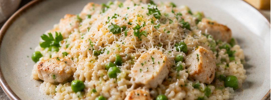 Cremige Hühner-Reis-Pfanne mit Erbsen und Knochenbrühe