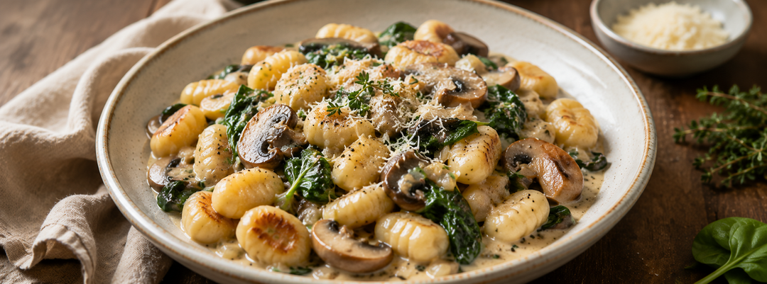 Cremige Gnocchi-Pfanne mit Pilzen und Rinderknochenbrühe