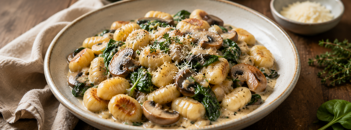 Cremige Gnocchi-Pfanne mit Pilzen und Rinderknochenbrühe